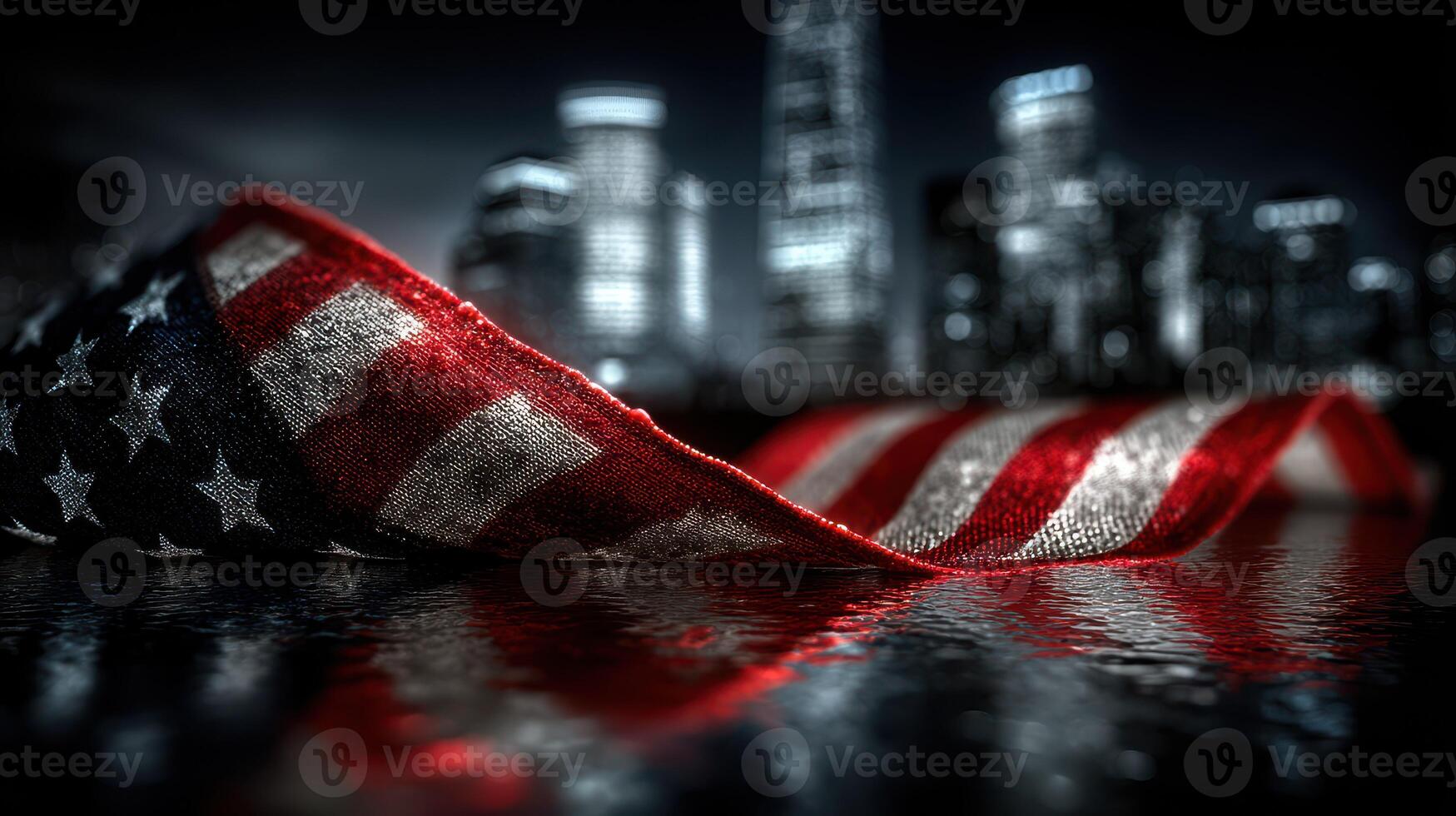 Patriotic fabric draped in urban setting with reflective surfaces at night photo