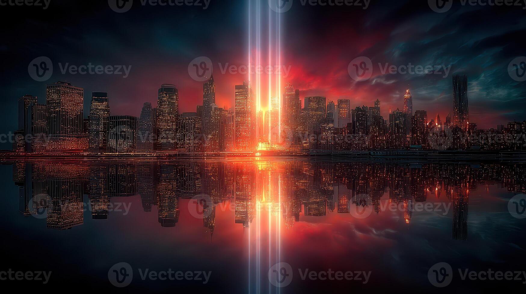 City skyline illuminated by beams of light at dusk with reflective water surface photo