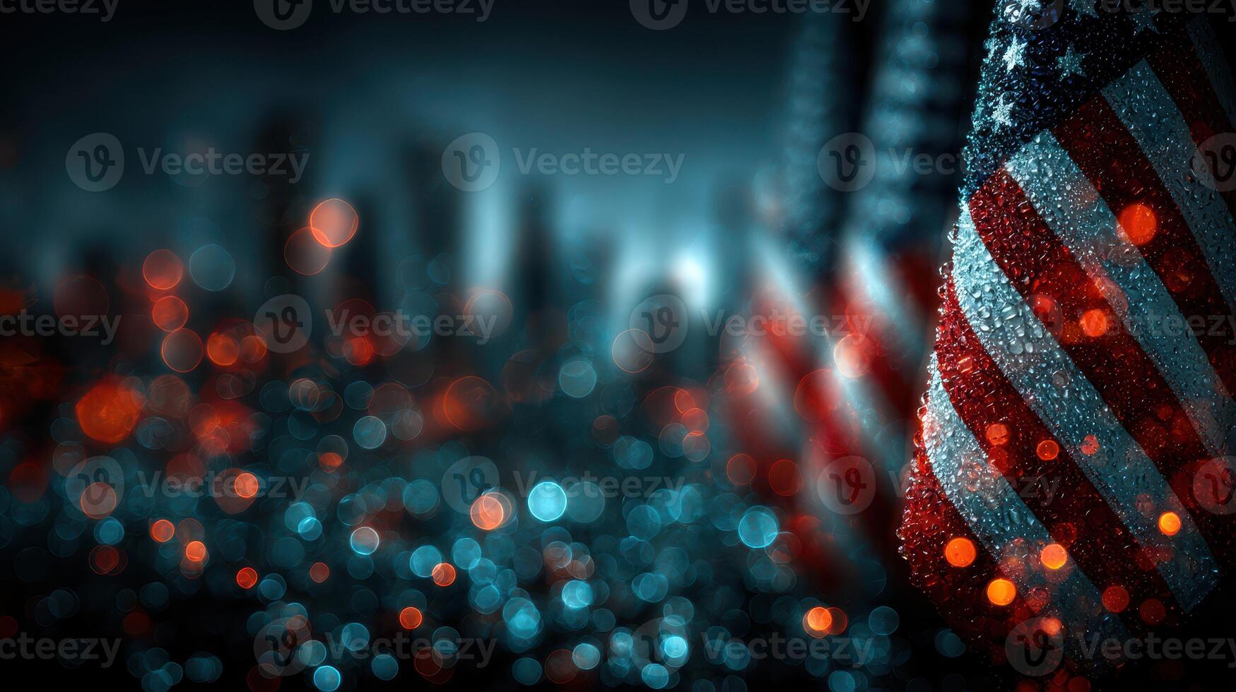 Colorful display of American flags illuminated at night creates a captivating atmosphere with city lights in the background photo