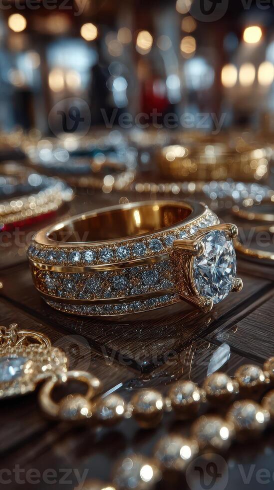 Elegant gold ring with diamond surrounded by various jewelry pieces in a marketplace setting photo