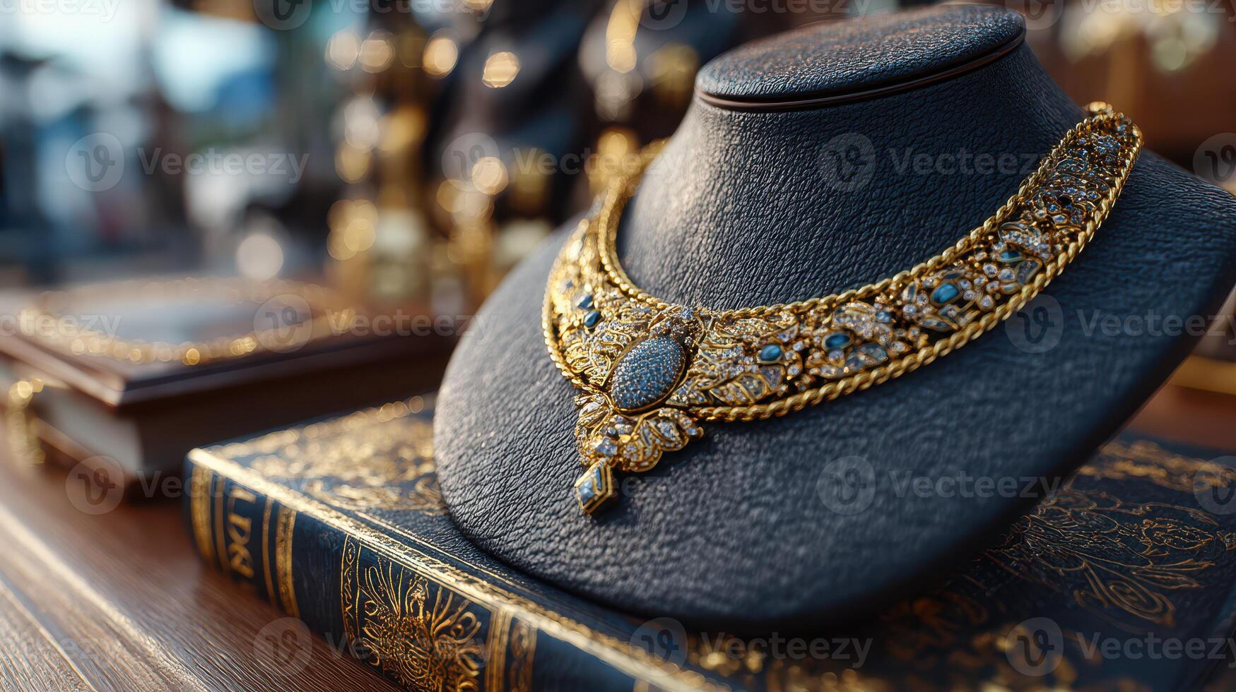 Elegant gold necklace displayed on a black velvet bust for a jewelry exhibition in a luxurious setting photo