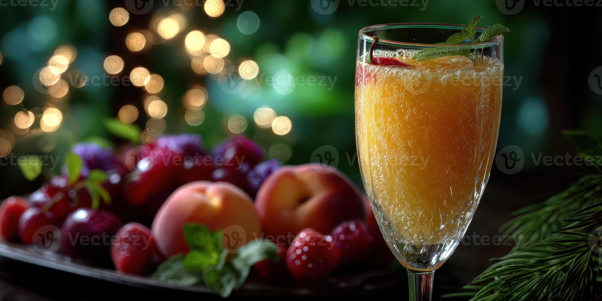 Refreshing fruit cocktail served in a glass with mixed fruits on a rustic plate in a cozy outdoor setting during evening photo