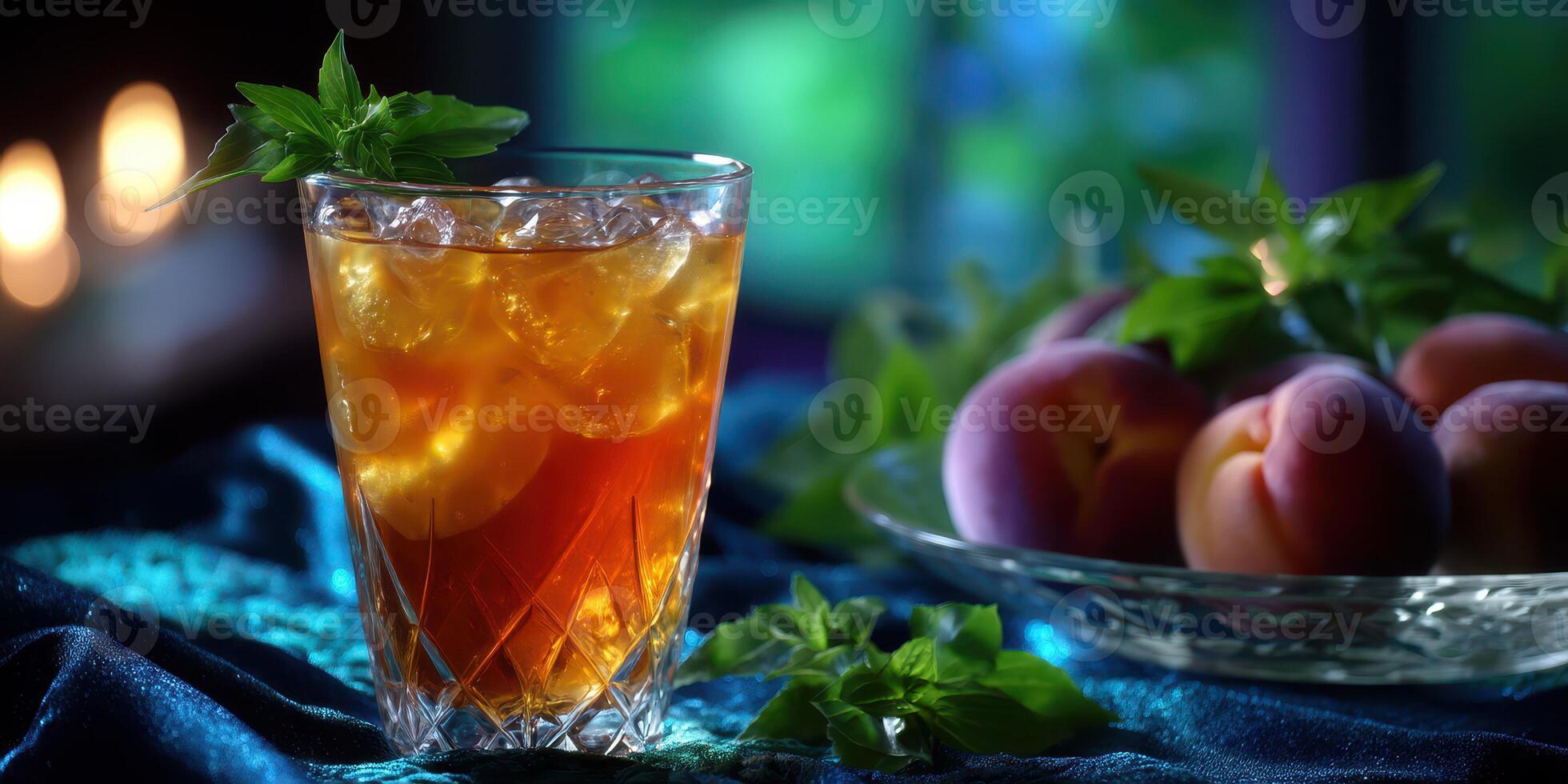 Refreshing iced tea served with fresh peaches on a festive table setting in a cozy evening atmosphere photo