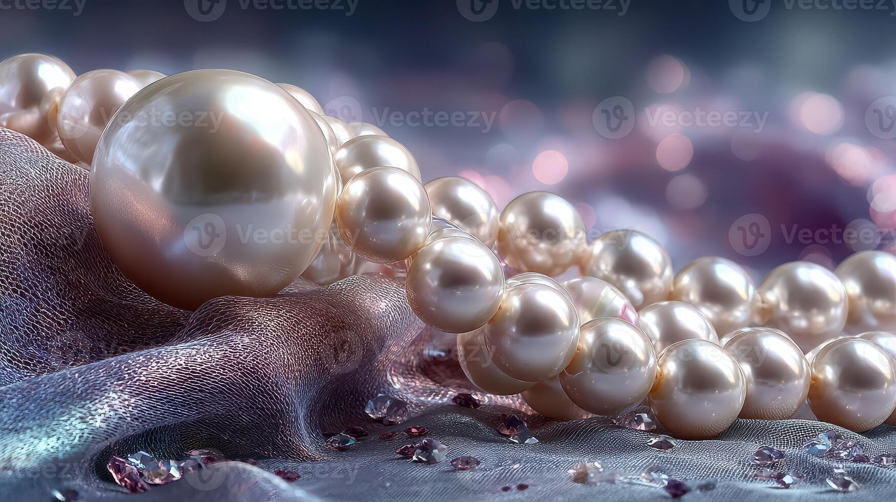 Close-up view of exquisite pearls resting on delicate fabric with shimmering background photo