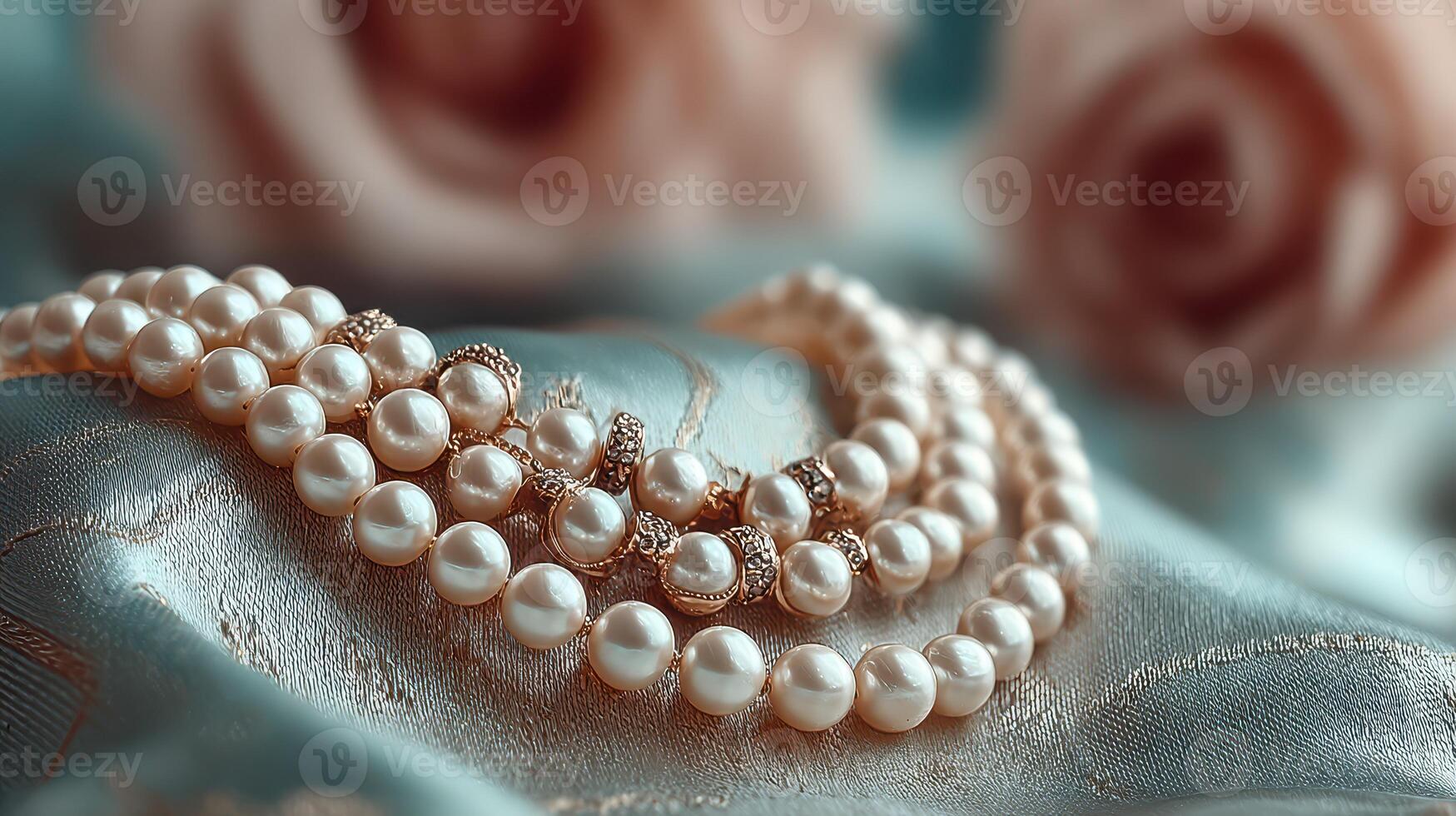 Elegant pearl necklace arranged beautifully on satin fabric with delicate roses in the background photo