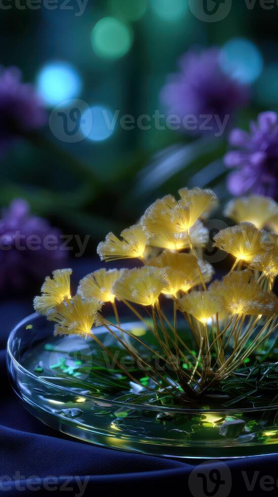 Brightly glowing yellow flowers arranged in a glass dish on a dark background with purple blooms in the backdrop photo