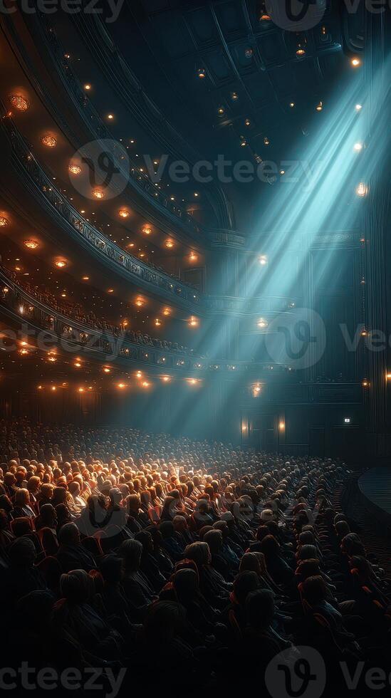 Audience captivated by performance in historic theater with dramatic lighting and elegant architecture photo