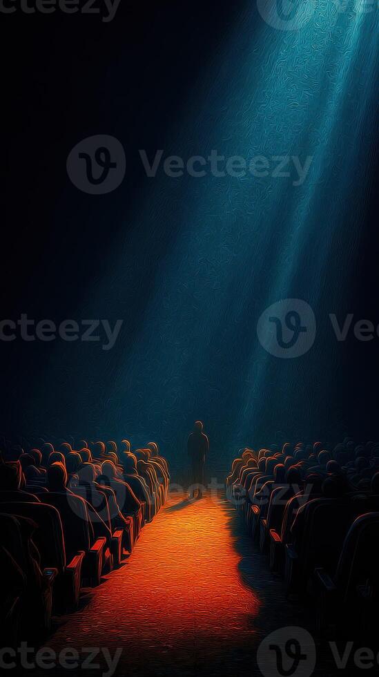 Spotlight on a speaker in an empty theater during a dramatic presentation photo