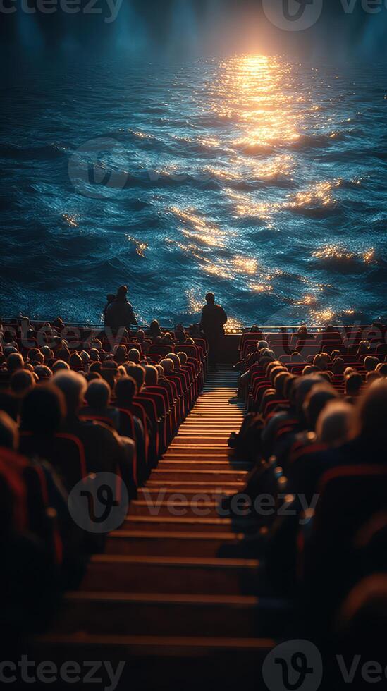 Audience watches a mesmerizing performance against a shimmering ocean backdrop at a coastal theater during sunset photo
