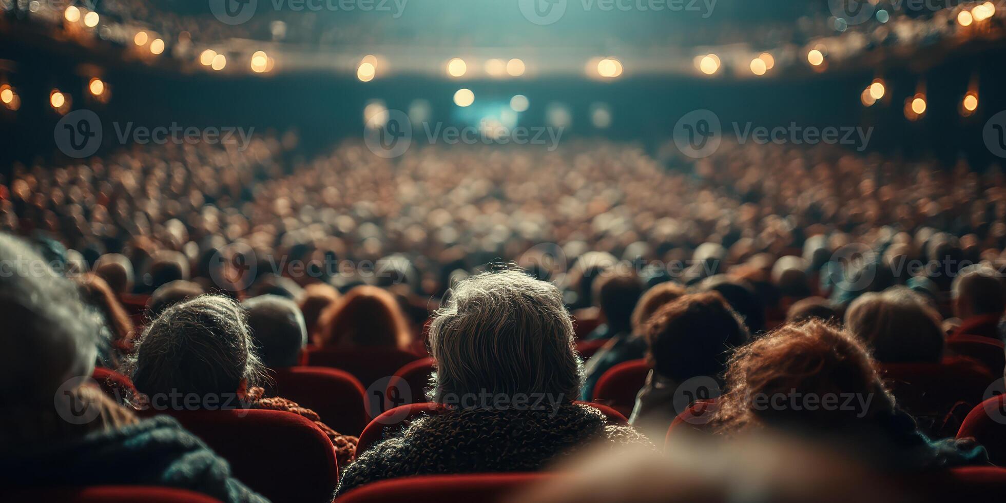 Large audience enjoying performance in a theater during an evening show with warm lights illuminating the space photo