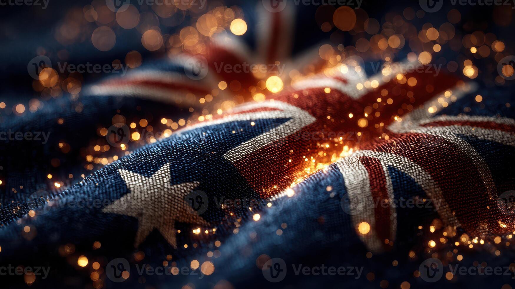 Australian flag adorned with shimmering particles on a dark background creating a vibrant and festive atmosphere photo