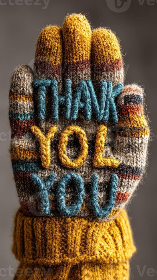 Warmly crafted mittens showcase a heartfelt thank you during the chilly winter months photo