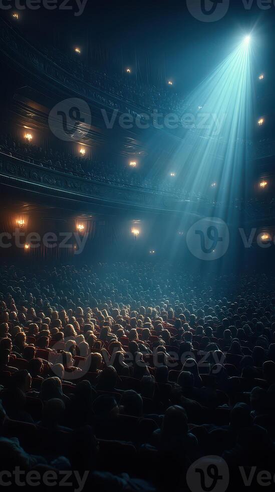 Audience captivated by performance in a historic theater illuminated by dramatic lighting photo