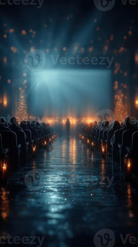 Audience gathers in a dimly lit theater to enjoy a mysterious performance featuring captivating light and shadow effects photo