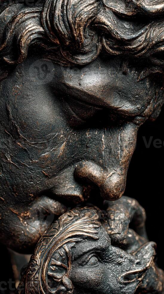 Sculptural detail of a bronze statue showcasing intricate facial features and textures in a dark setting photo