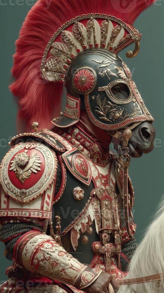 Historic equestrian warrior in ornate armor and elaborate horse helmet on display photo