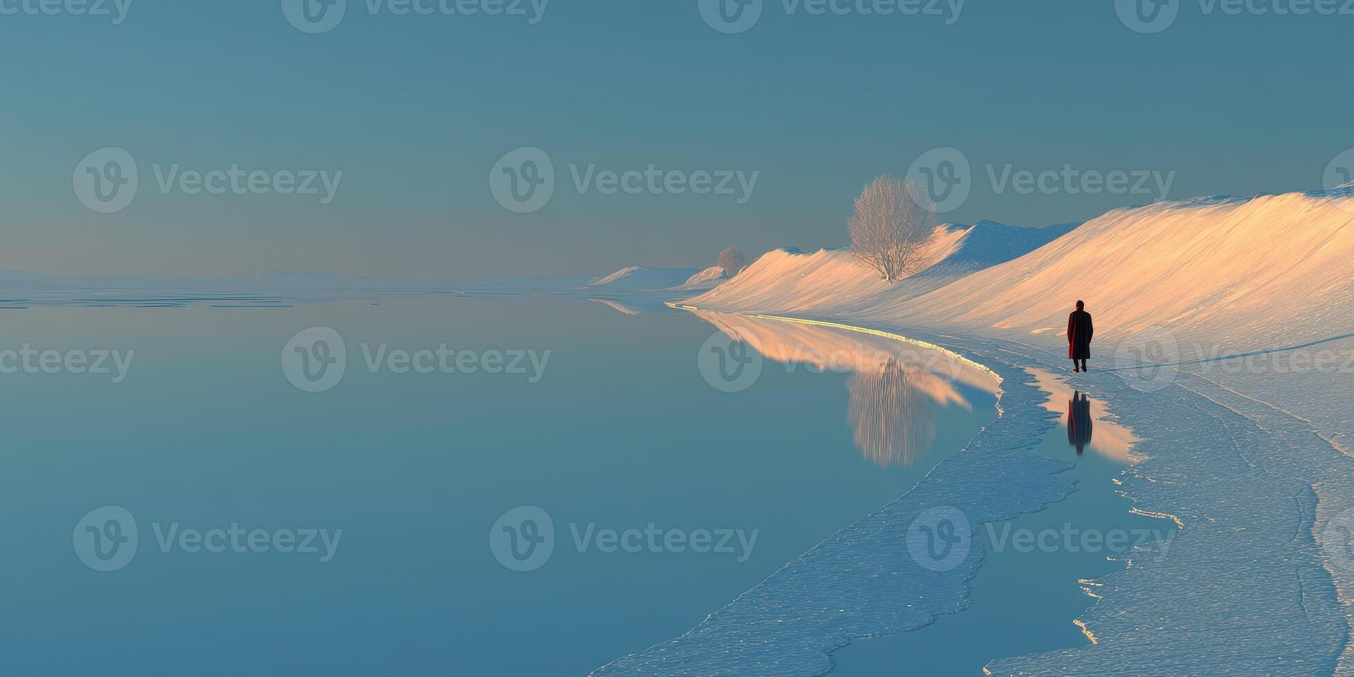 Snowy landscape at twilight with a solitary figure walking by a frozen lake reflecting the serene blue sky photo