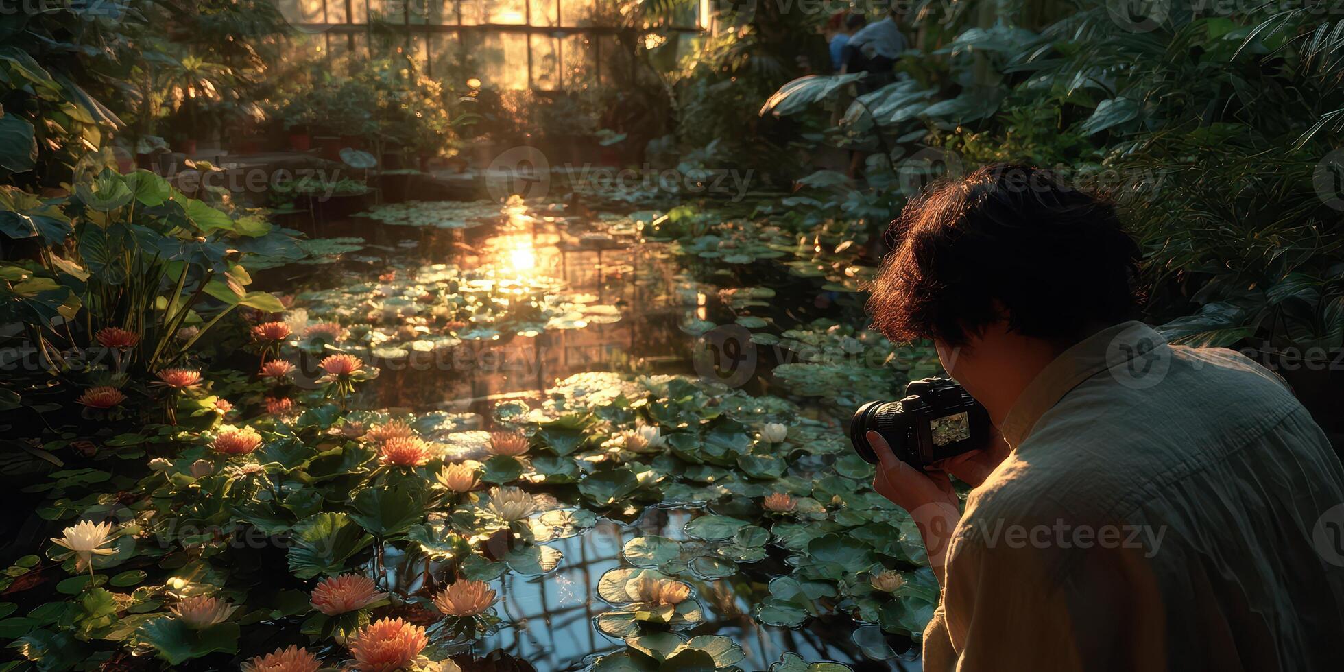 Bright sunlight filters through a greenhouse, illuminating a photographer capturing water lilies in a tranquil pond photo
