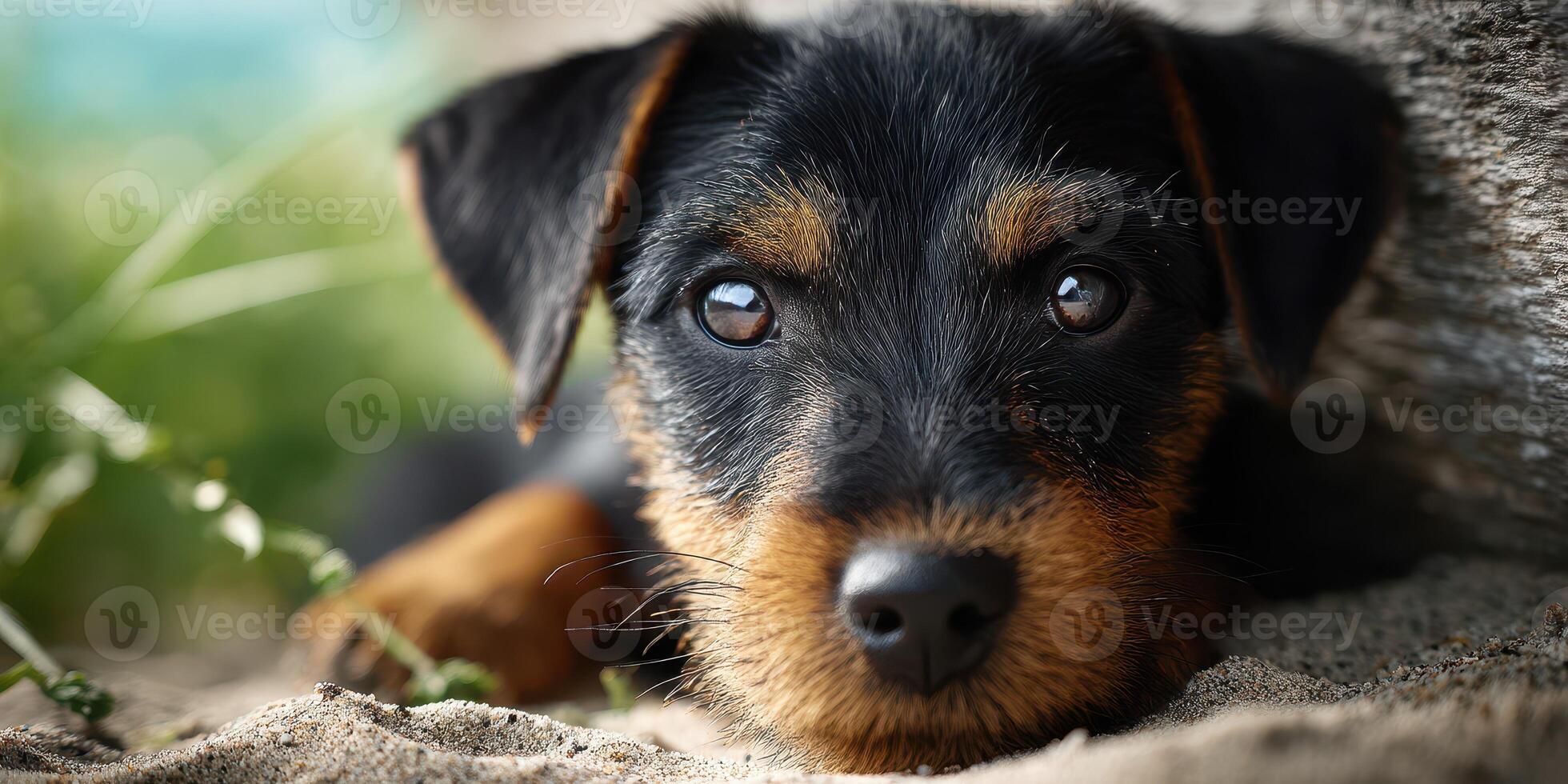 Playful dog relaxing on sandy ground in a grassy area during a sunny day in a park photo