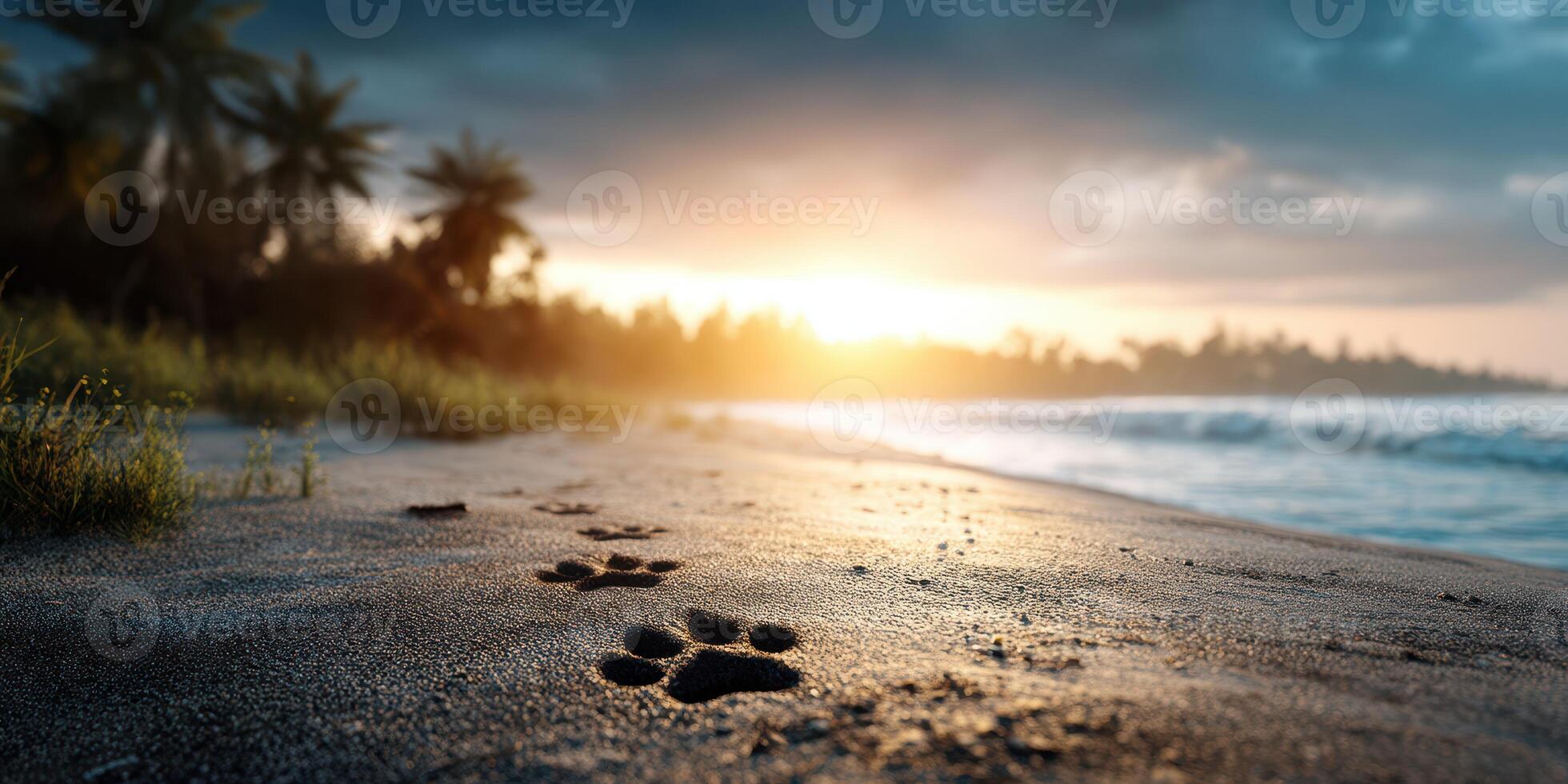 Footprints on a sandy beach at sunset with gentle waves and palm trees in the background photo