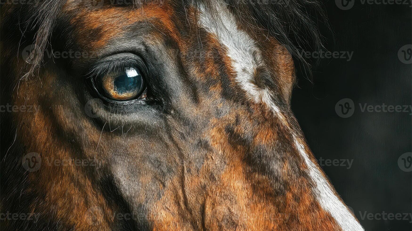 Close-up view of a horse's expressive eye highlighting unique patterns and textures in dim lighting photo