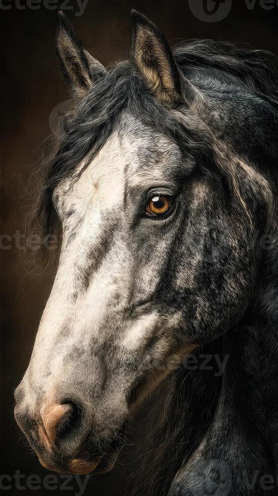 Majestic gray horse with striking features captured in soft light against a dark backdrop for a dramatic effect photo