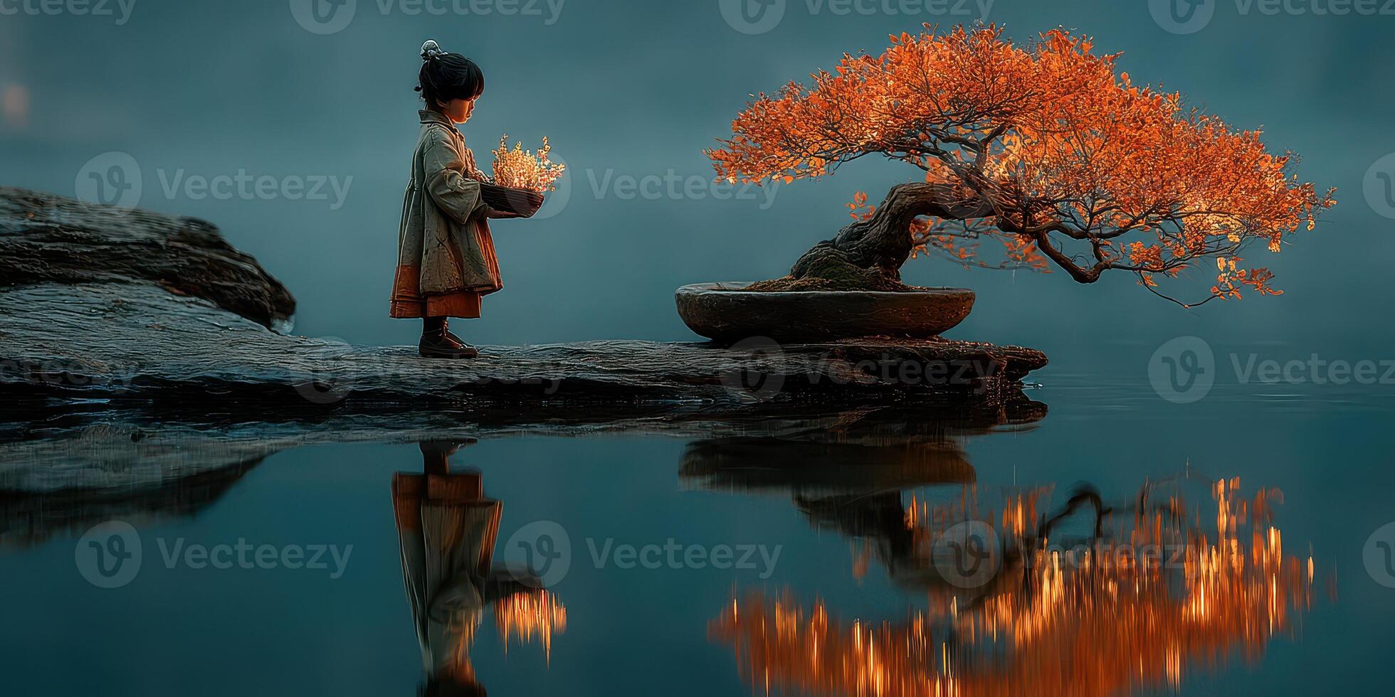 Child stands by a tranquil lake, nurturing a glowing bonsai tree at dusk in a serene natural setting photo