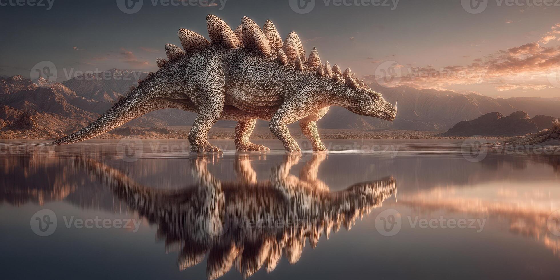 Stegosaurus walking beside a serene lake at sunset with mountains in the background creating a tranquil atmosphere photo