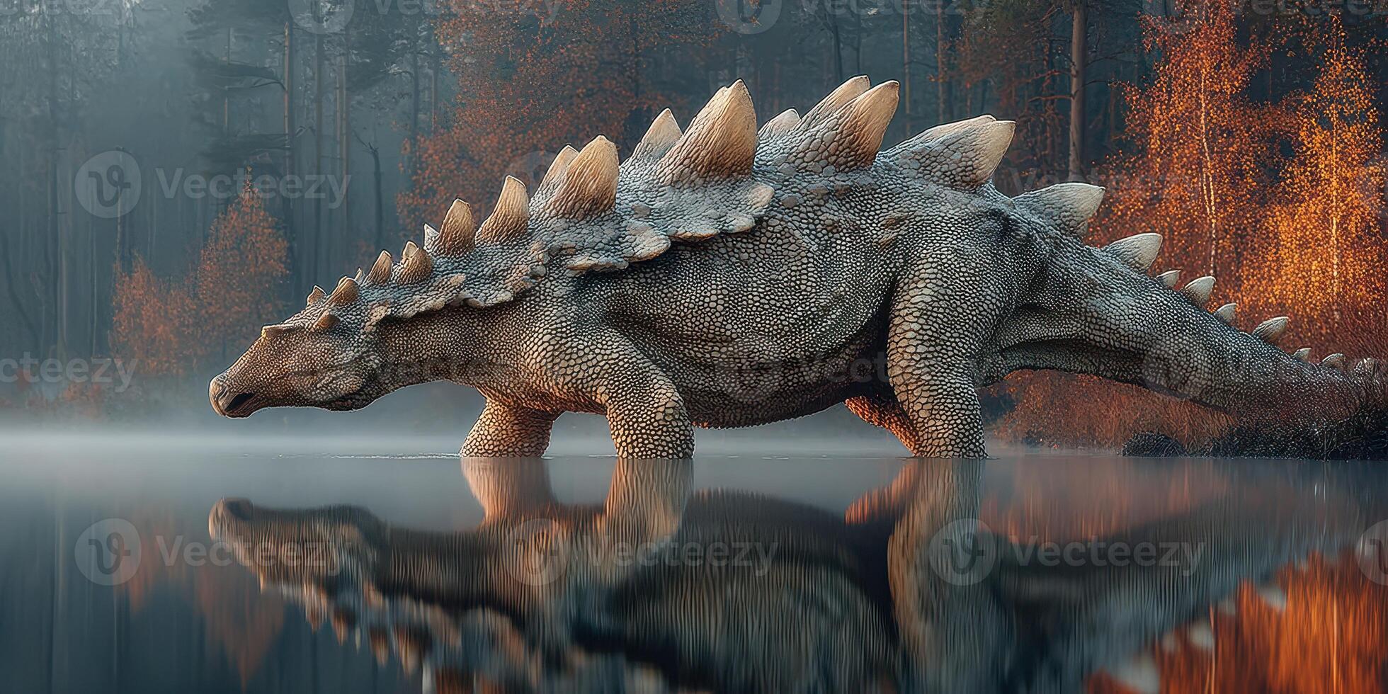 Styracosaurus walks through a misty lakeside forest during autumn at dusk photo
