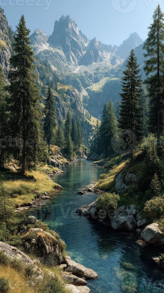Serene mountain landscape with a crystal-clear river and expansive greenery under a bright sky photo