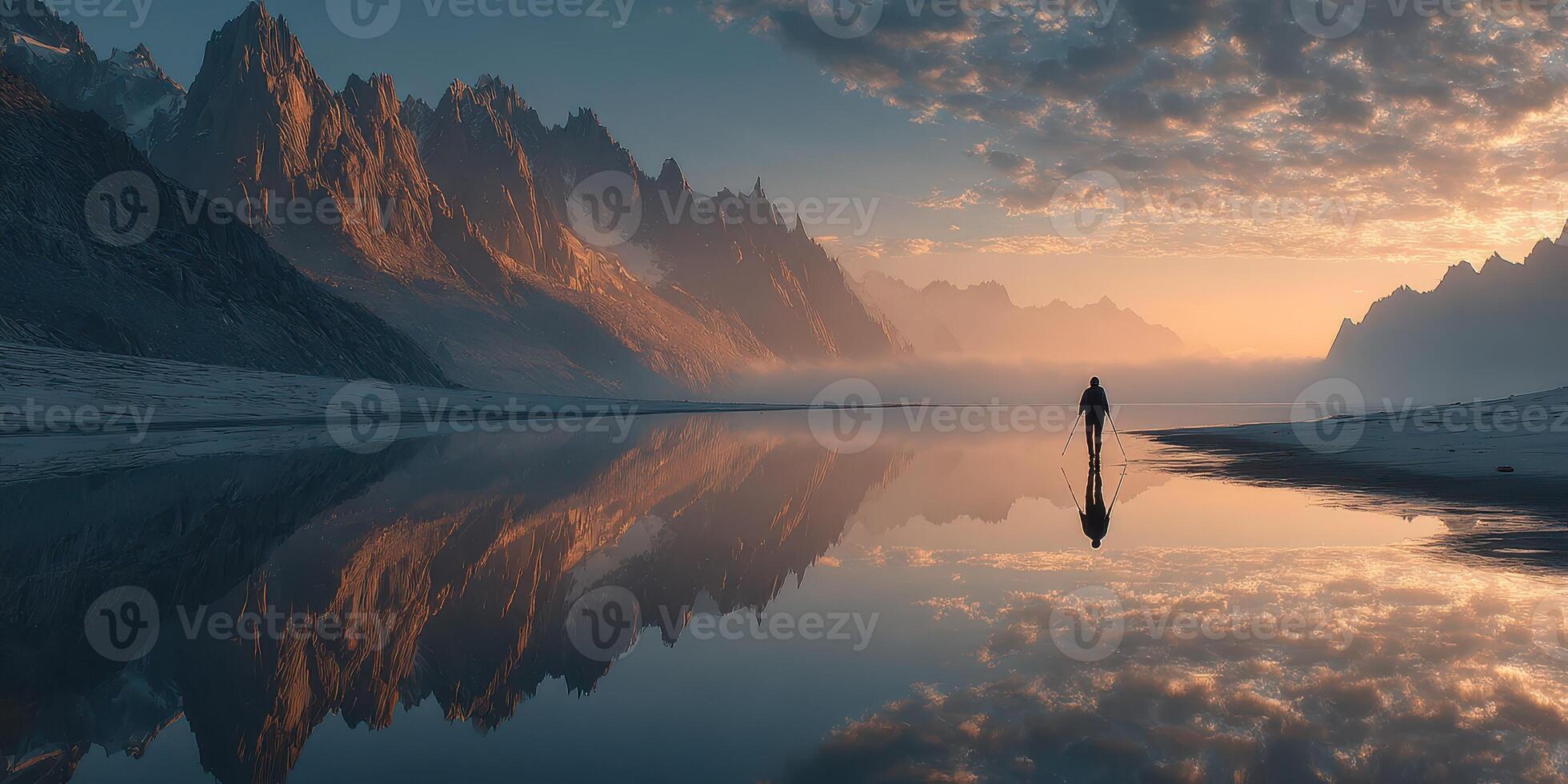 Hiker explores serene lake at dawn with breathtaking mountain reflections photo