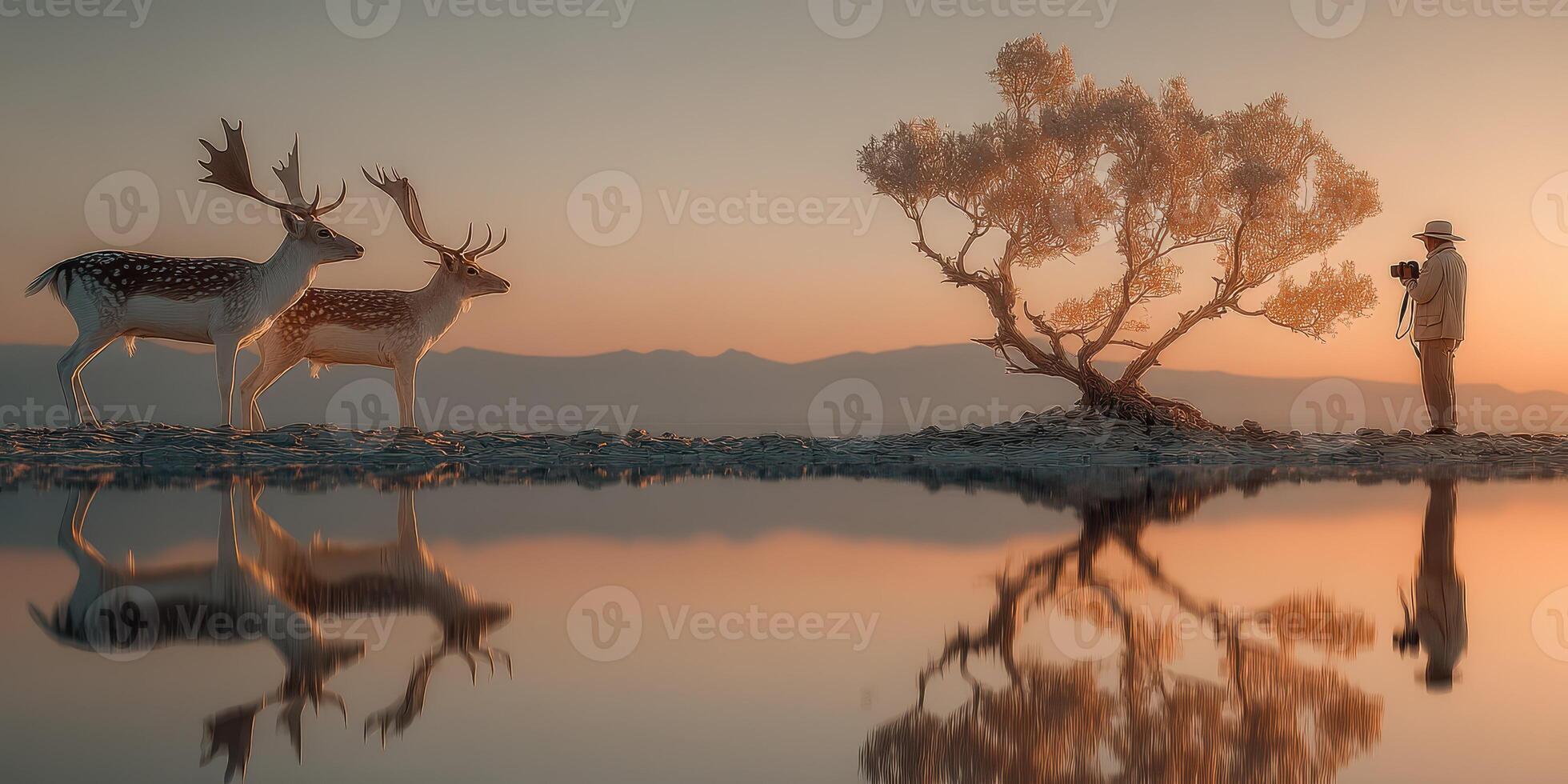 Two deer observe a photographer capturing the serene landscape during sunrise by a calm lake photo