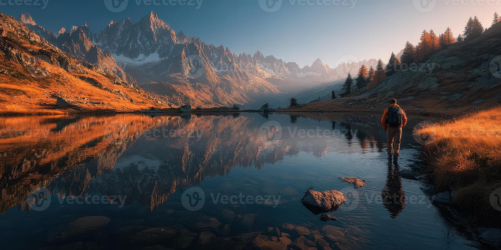 Hiker explores tranquil mountain lake at sunrise surrounded by majestic peaks and autumn foliage photo