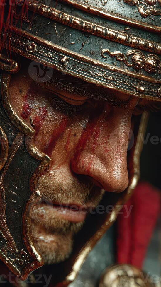 Close-up of a warrior wearing a detailed helmet with red markings showcasing determination and intensity during a battle preparation photo