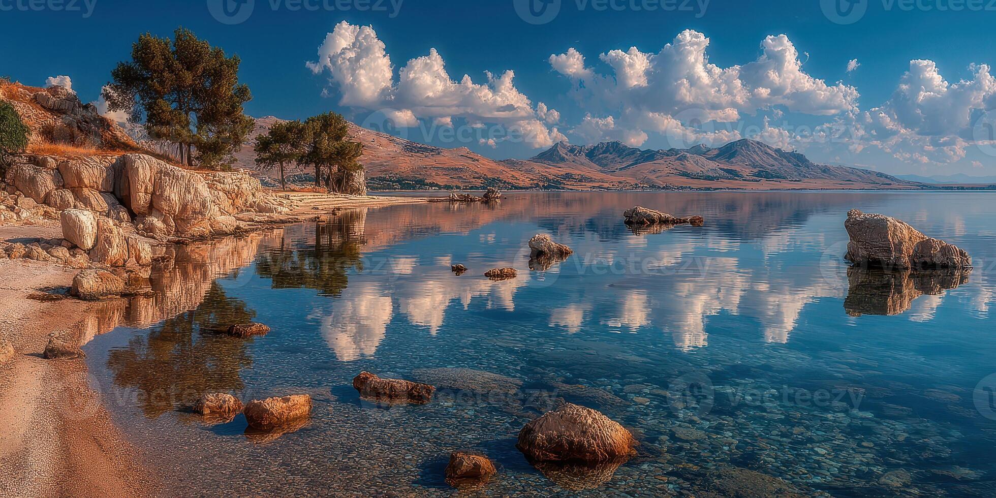 Serene lakeside landscape reflecting clouds and mountains during a calm day photo
