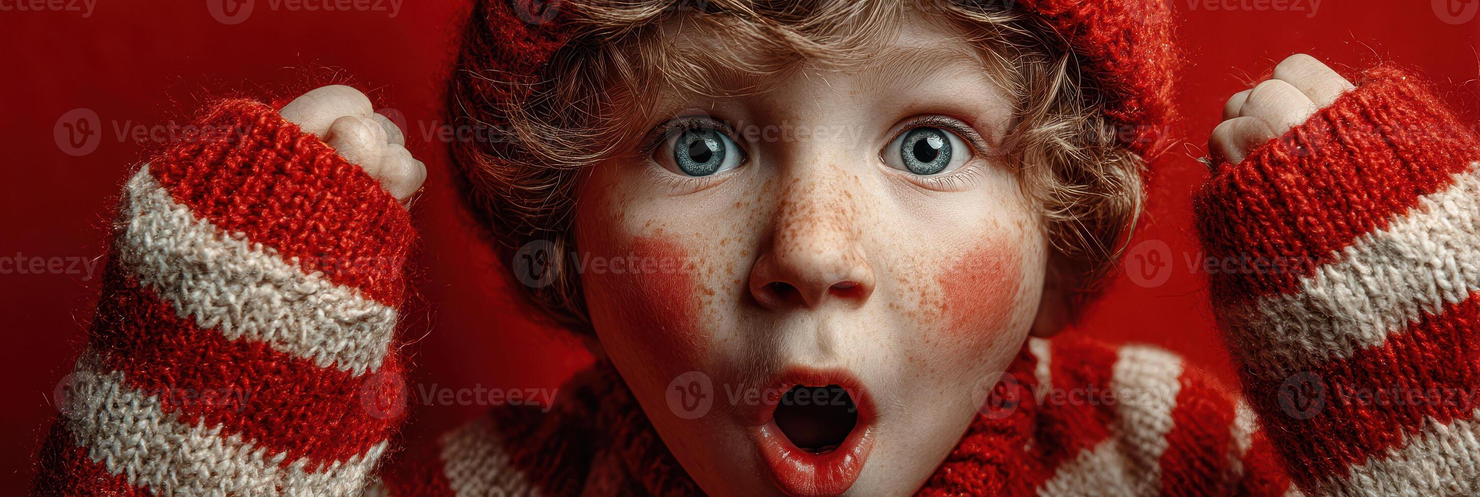 Excited child with curly hair and blue eyes wearing red and white striped sweater celebrating in a festive atmosphere photo
