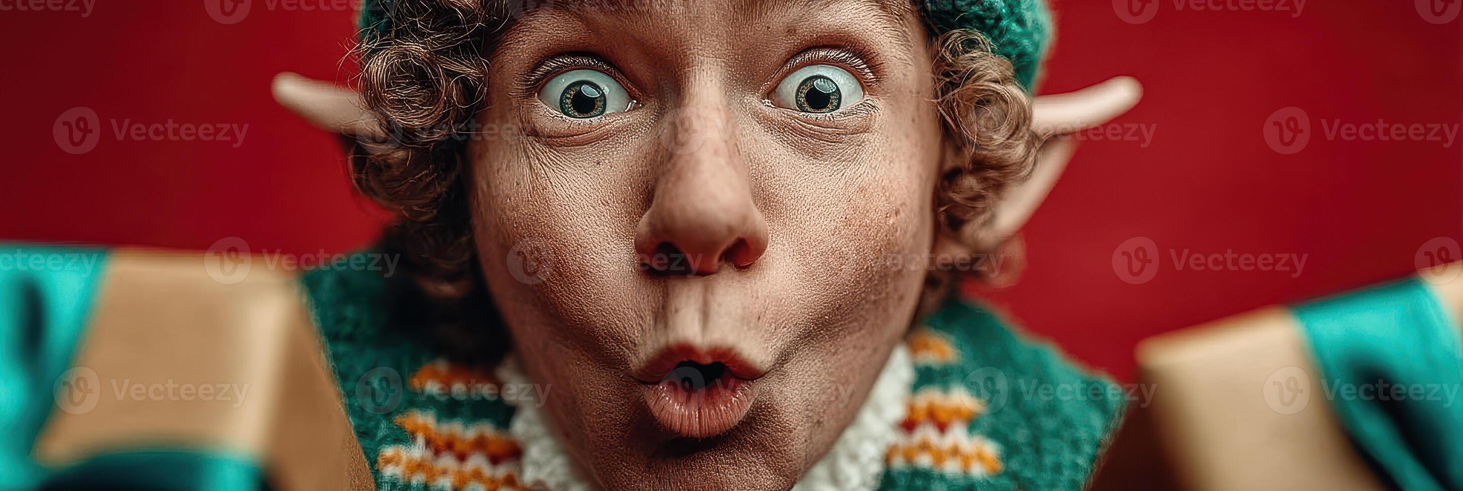 Excited holiday elf with gifts showing surprise during festive celebration in a cheerful setting photo
