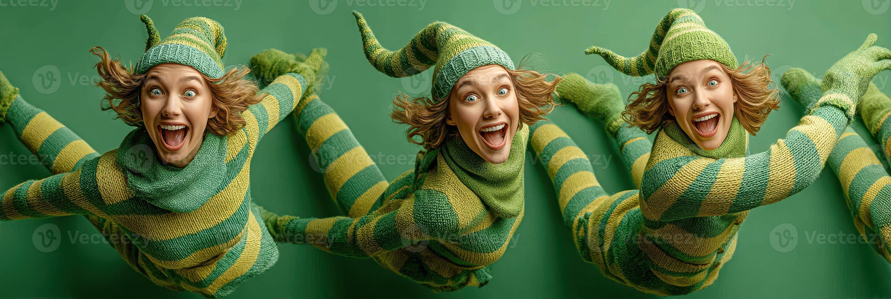 Playful elf characters in green and yellow striped costumes jump joyfully against a vibrant backdrop photo