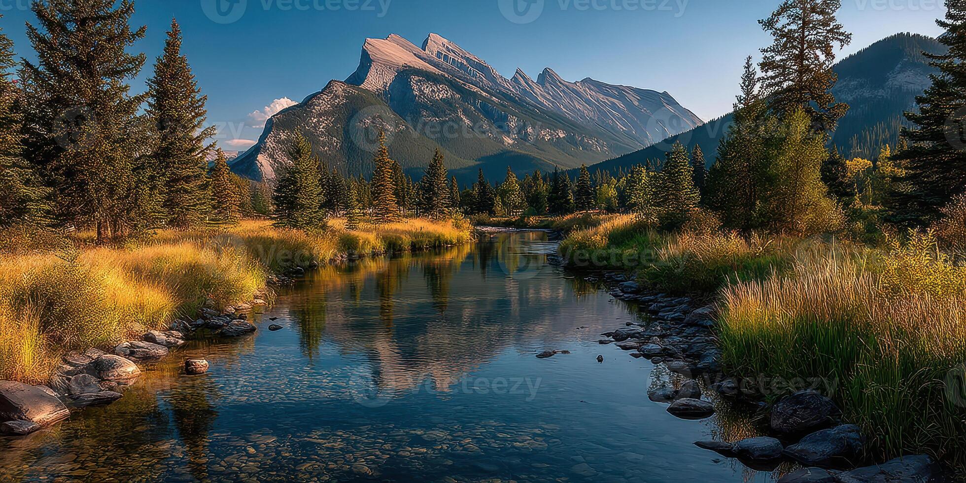 Scenic mountain landscape with water reflection at sunset near a tranquil river in nature photo