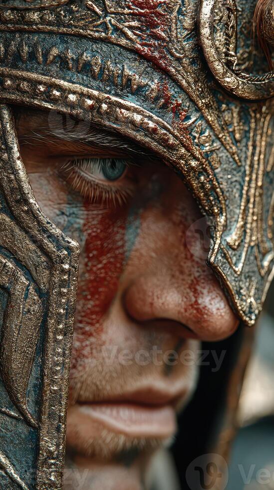 Detail of a warrior's face with a decorative helmet and war paint during a historical reenactment event photo