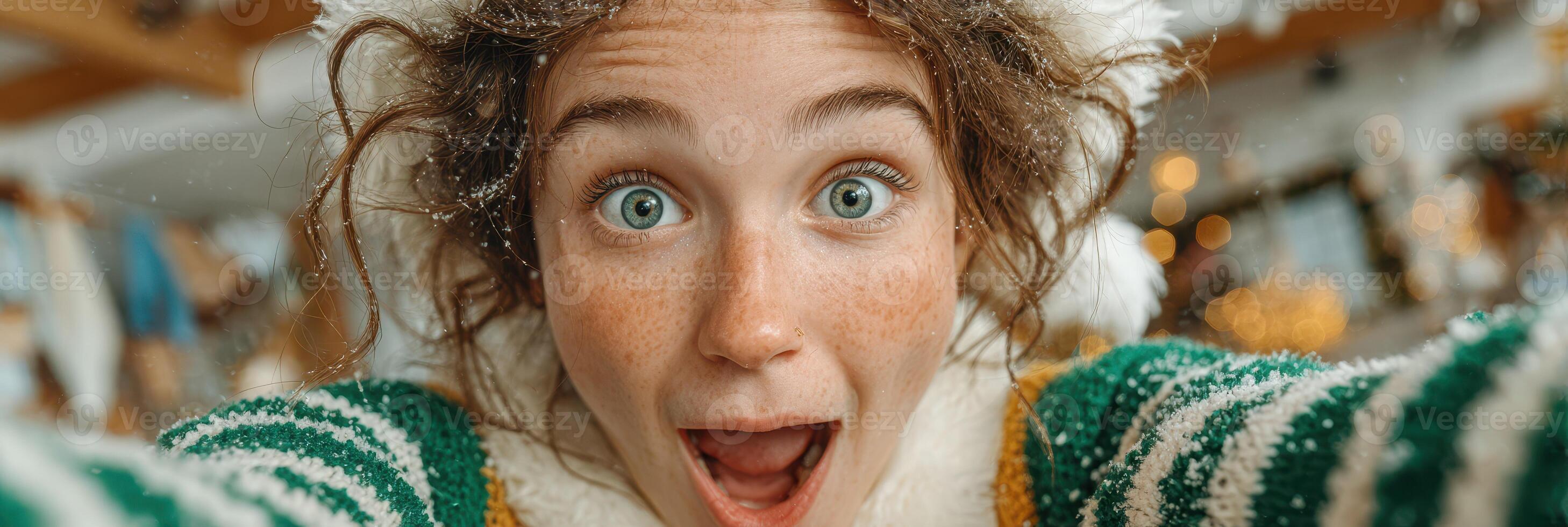 Joyful teenager experiencing holiday excitement indoors during winter, dressed in cozy sweater and festive accessories, surrounded by decorations photo