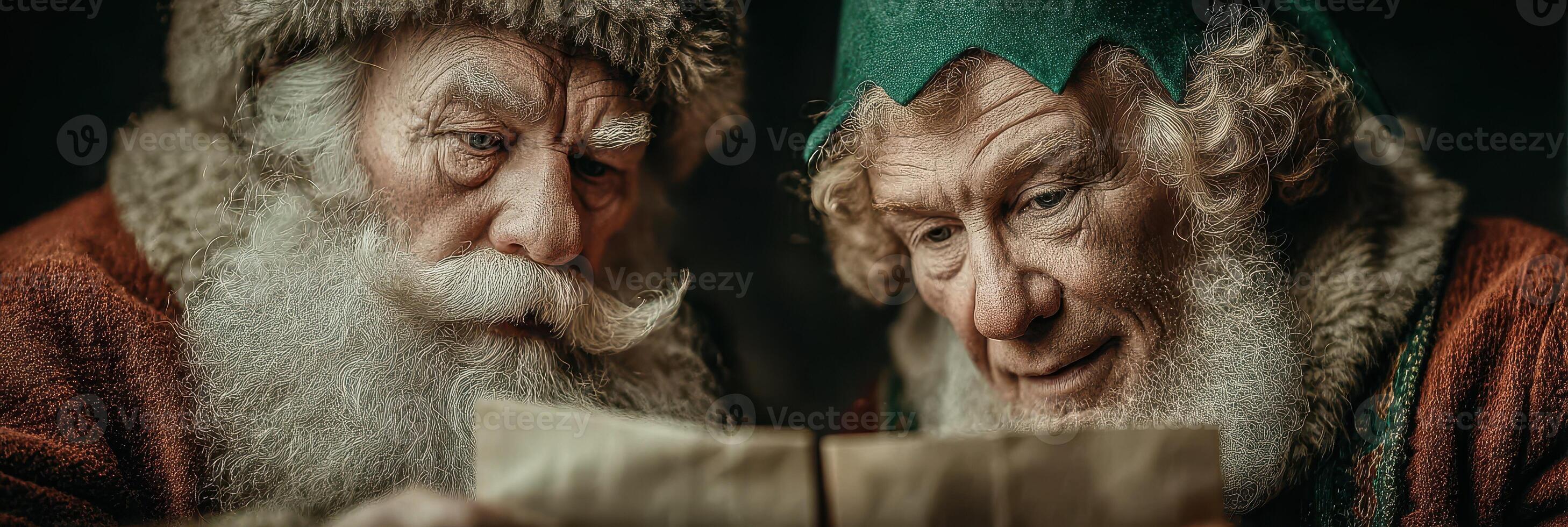 Two characters review a letter in a cozy setting during winter festivities photo