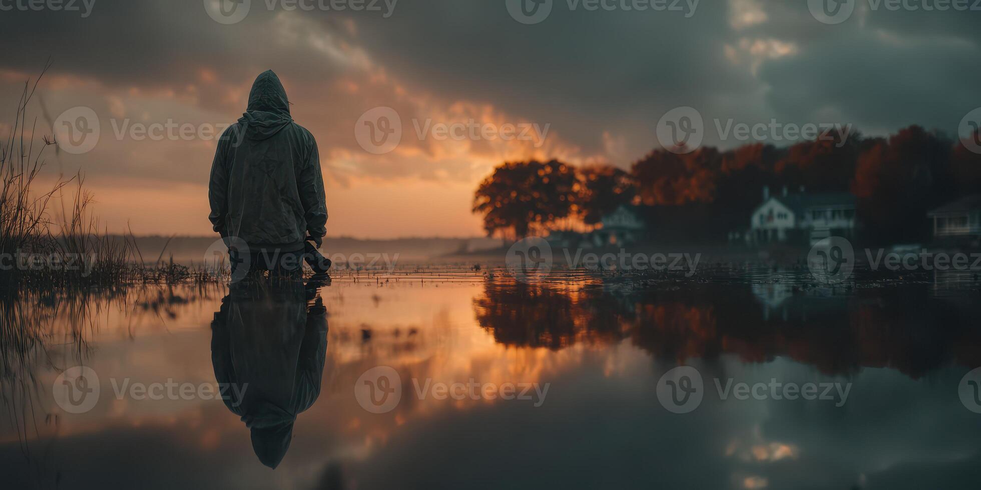 Reflective solitude at sunset near calm water surrounded by trees and homes in a serene landscape photo