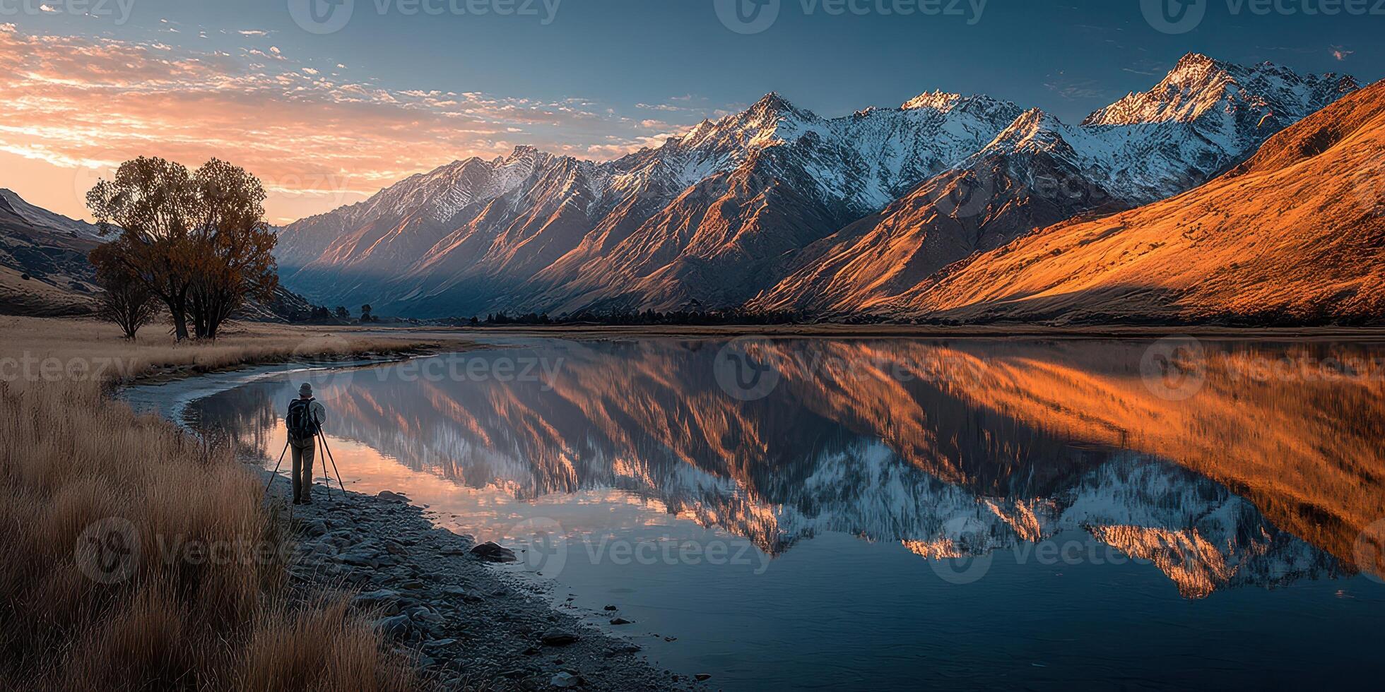Stunning sunset reflection over mountains with a photographer capturing the moment by the lake photo