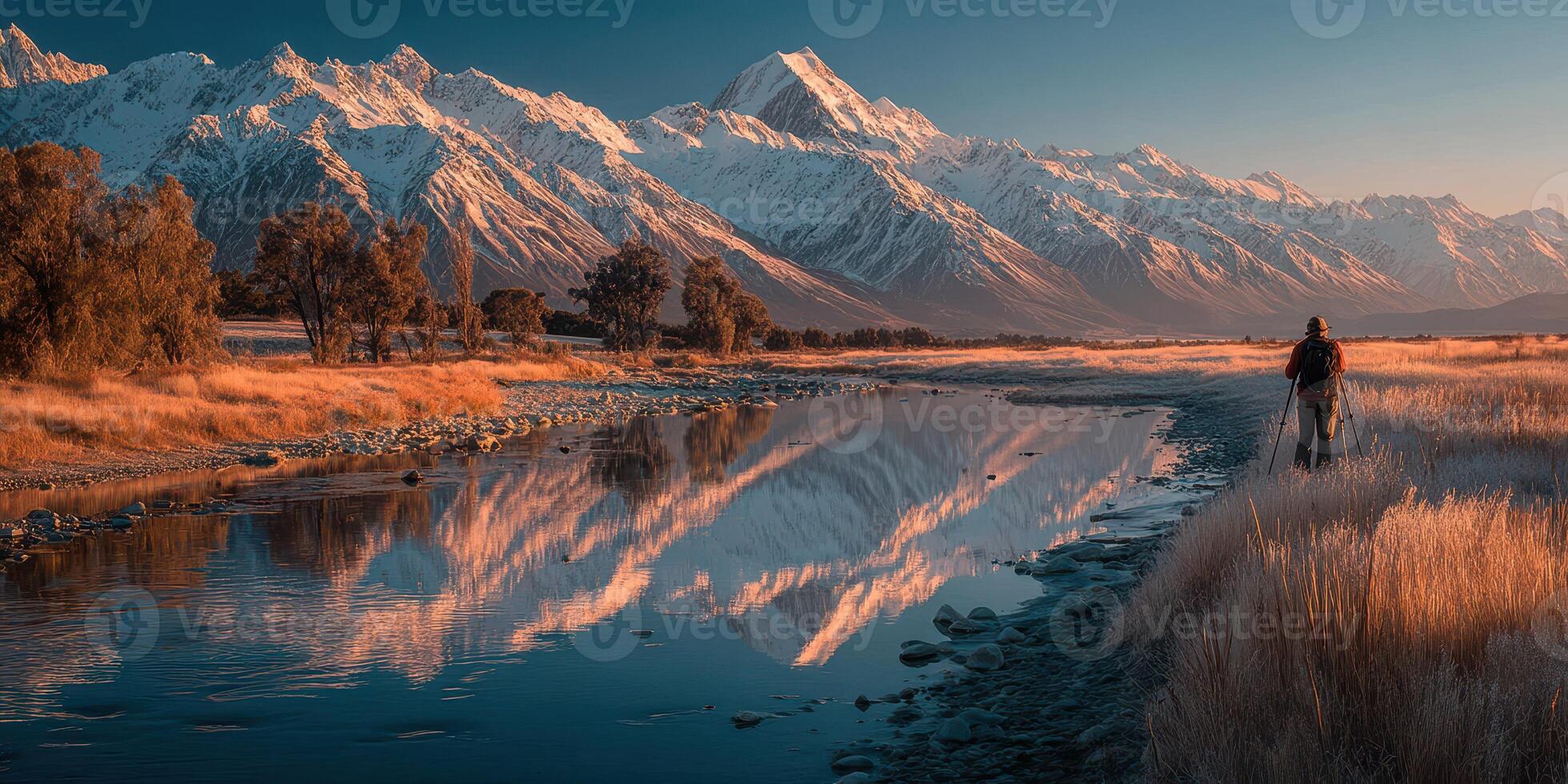 Spectacular sunset on snow-capped mountains with reflection in calm river photo