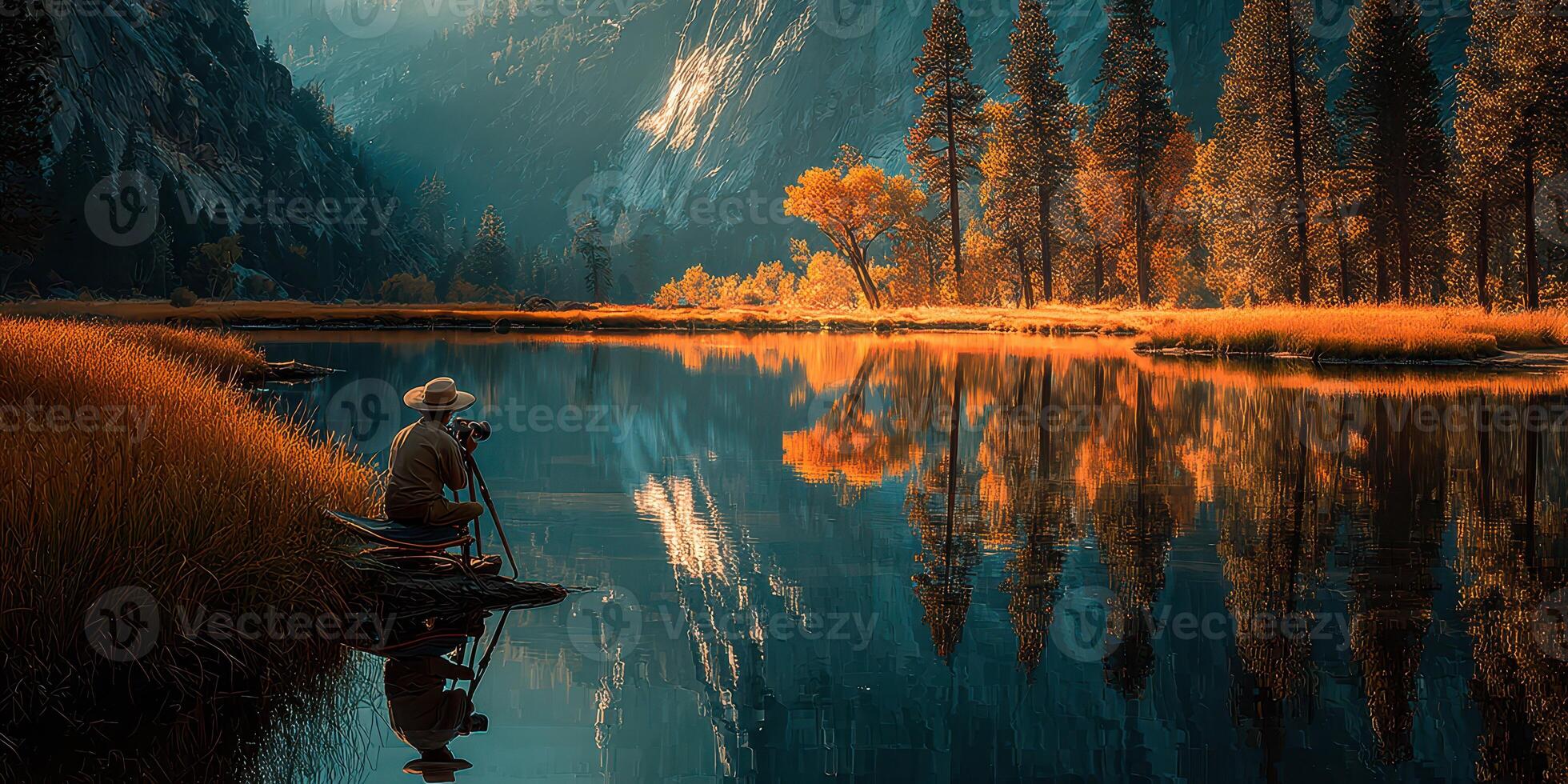 Capturing the beauty of autumn reflections at a serene lake during sunset in a tranquil national park photo