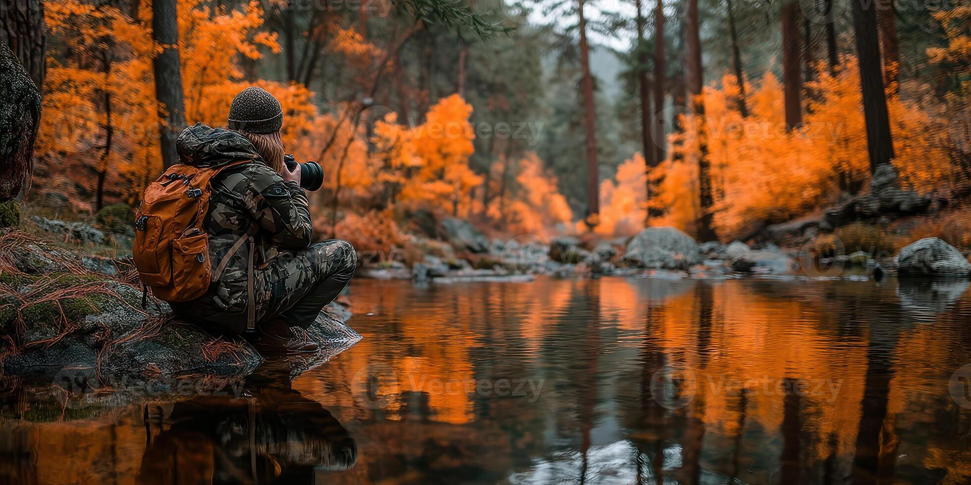 Capturing autumnal colors by a serene stream in a tranquil forest during golden hour photo