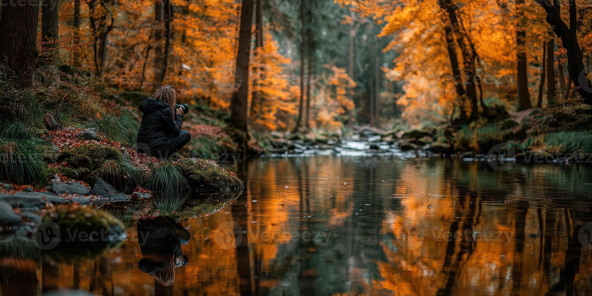 Capturing the beauty of autumn by the tranquil riverside during a serene afternoon photo