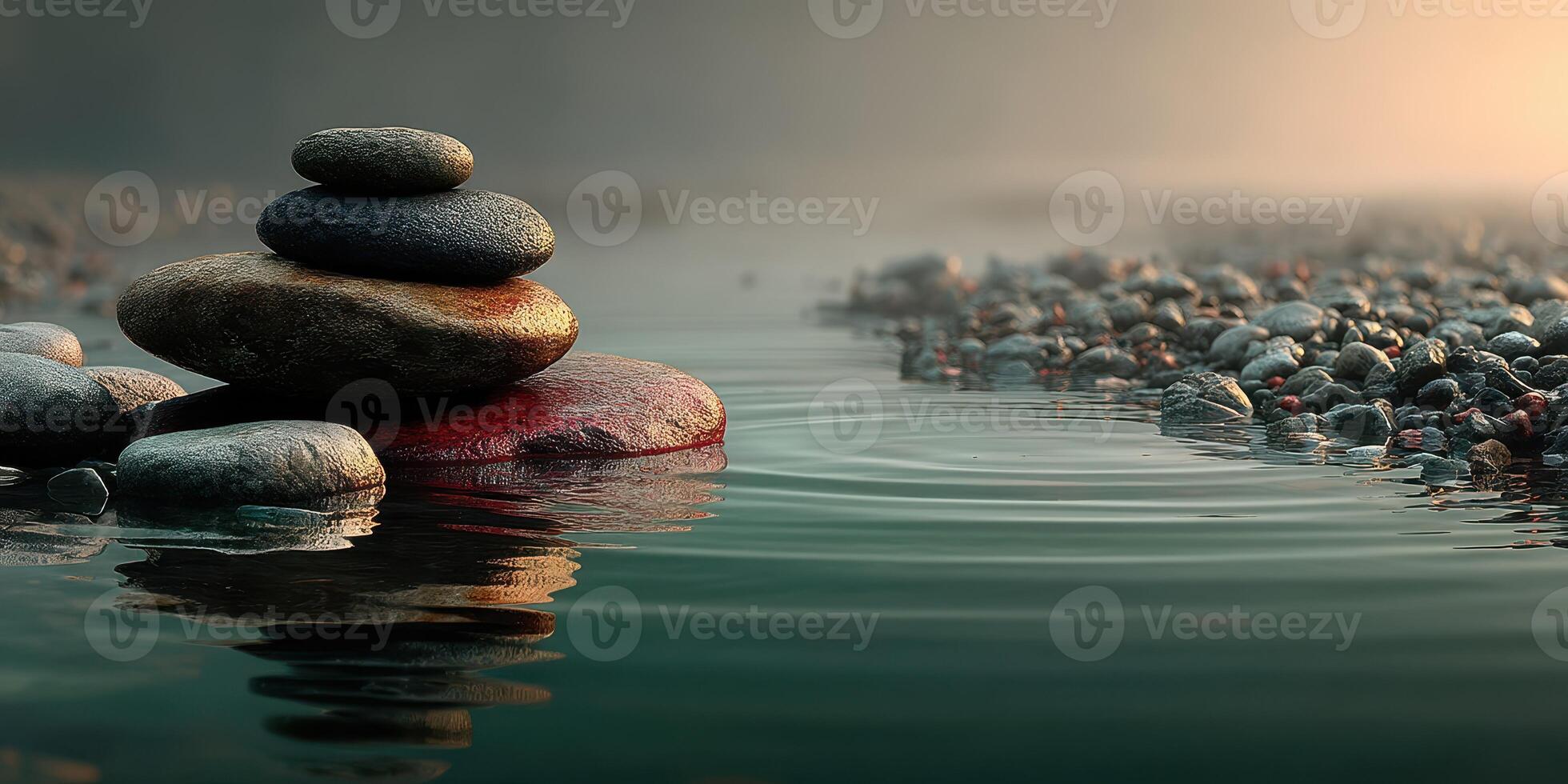 Rocks balanced on water at dawn creating a peaceful natural setting photo
