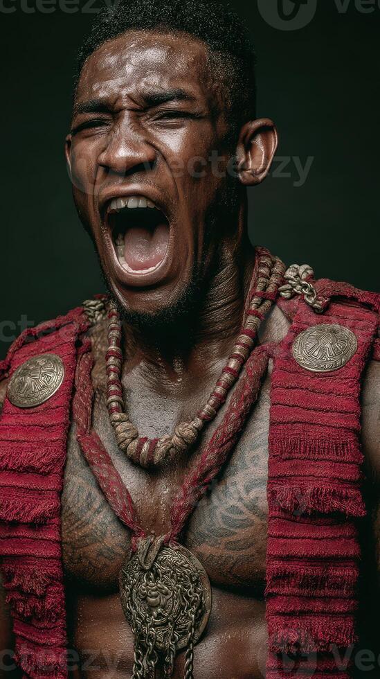 Powerful expression of a warrior in traditional attire during a cultural performance in an artistic setting photo